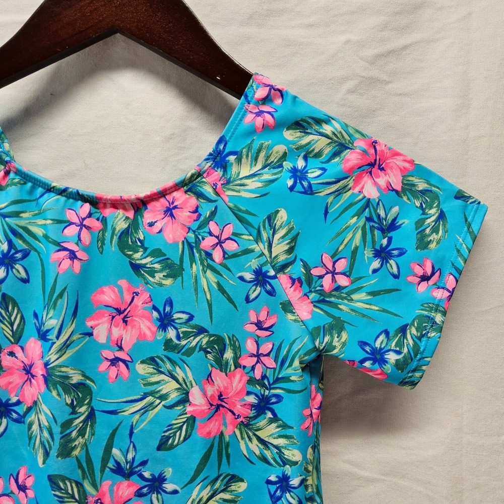 Lands' End One Piece Swimsuit Girls L 10-12 Blue Tropical‎ Floral Flutter Sleeve